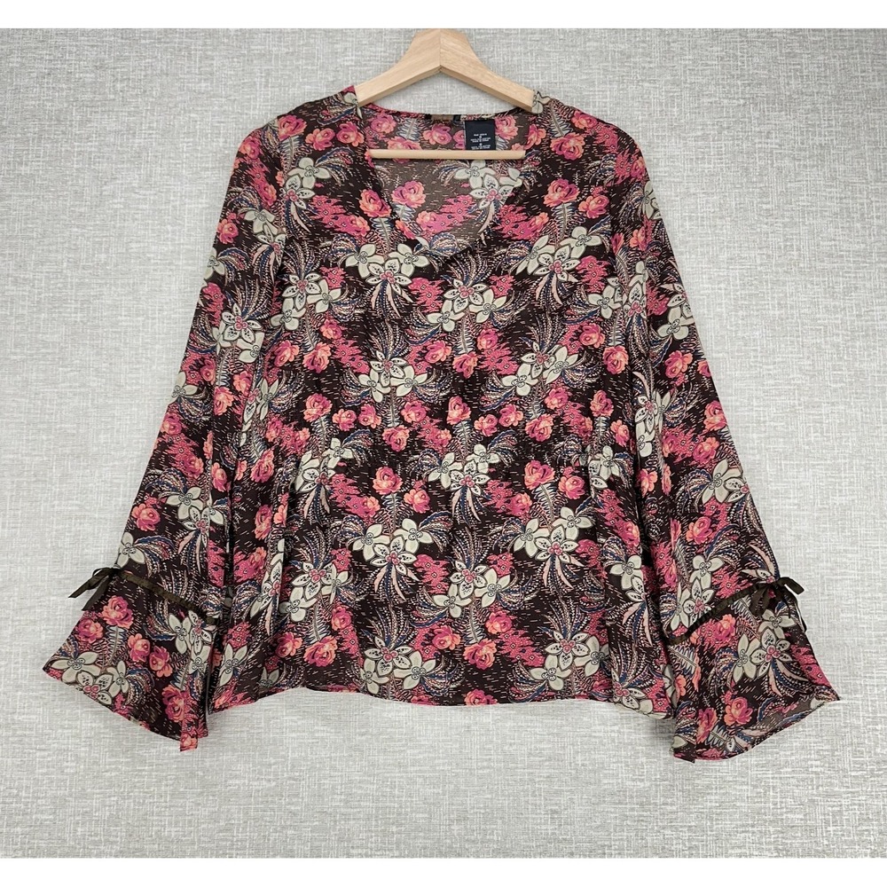Nicole by Nicole Miller Blouse Womens 6 Brown Pink Floral Peplum Bell Sleeve